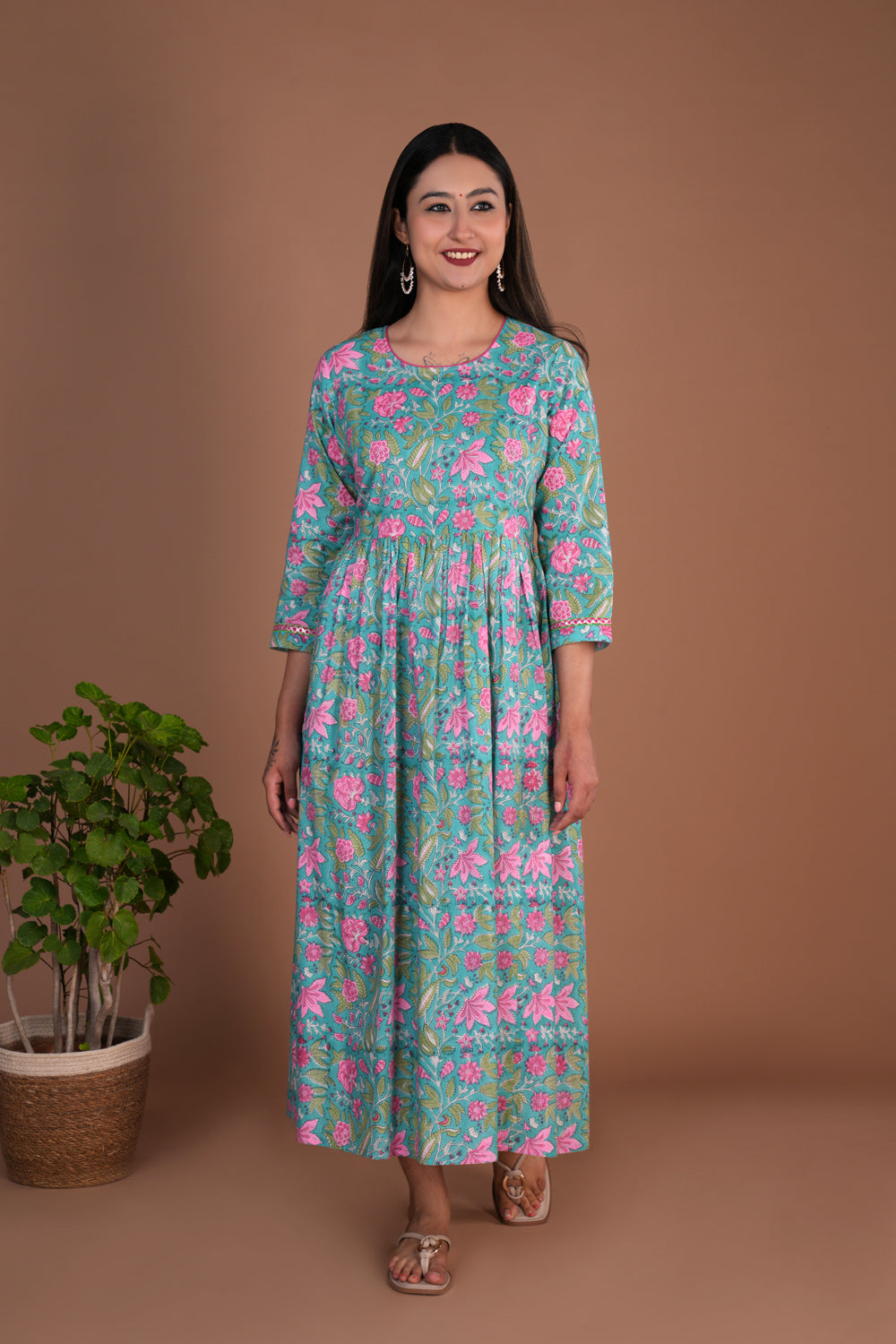 Image of Green Floral hand block printed pure cotton long kurta